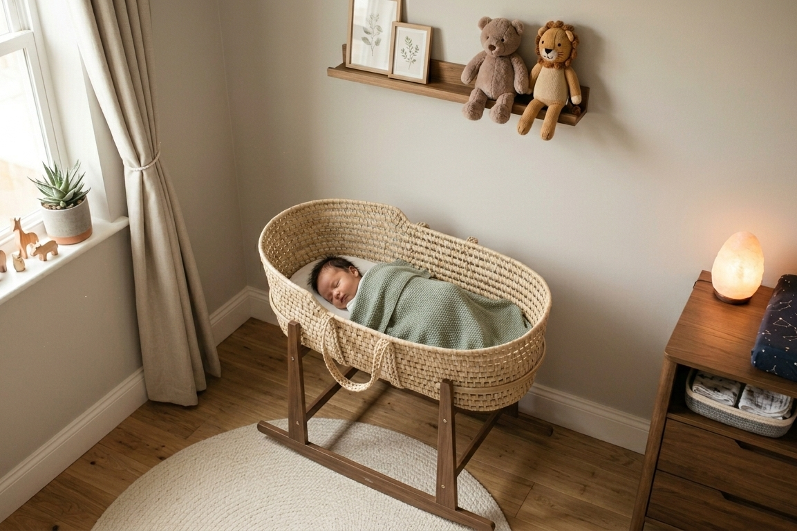 sleeping baby in a moses basket