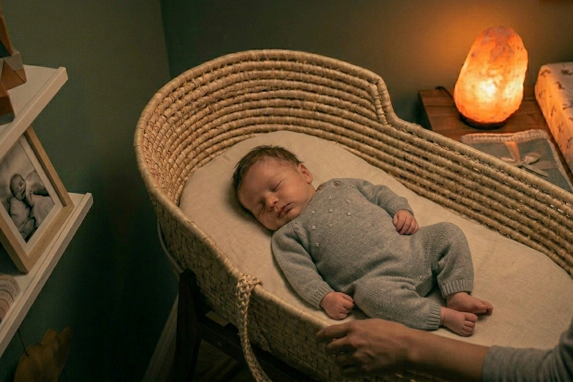 baby sleeping in a moses basket