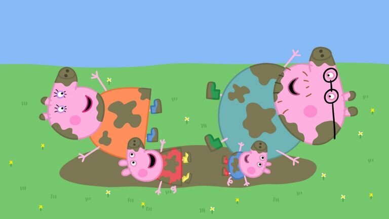 Peppa Pig family in a muddy puddle