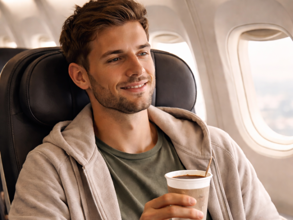 Comfy flight moment with coffee