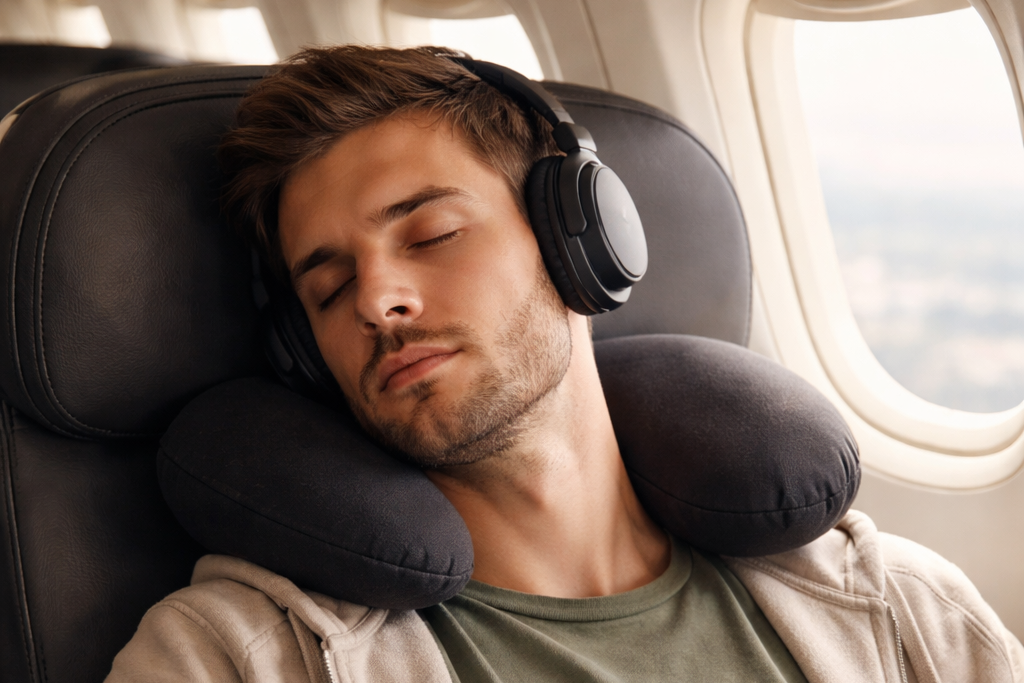 Resting traveler on a daytime flight